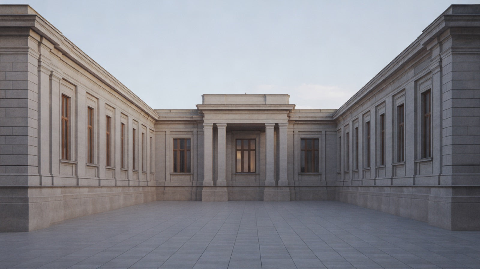 Symmetry in Architecture: a perfectly symmetrical neoclassical building facade with a central portico and two matching wings