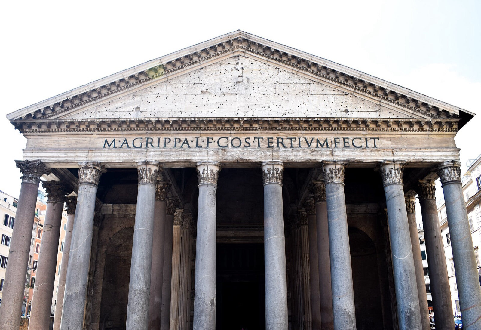 Portico of the Pantheon in Rome with its granite columns and the Agrippa inscription on the frieze