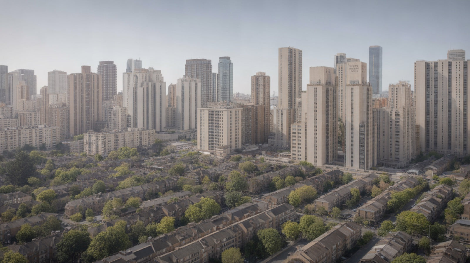 Zoning: aerial view of a city showing a clear boundary between a dense core of towers and low rise residential neighbourhoods with trees