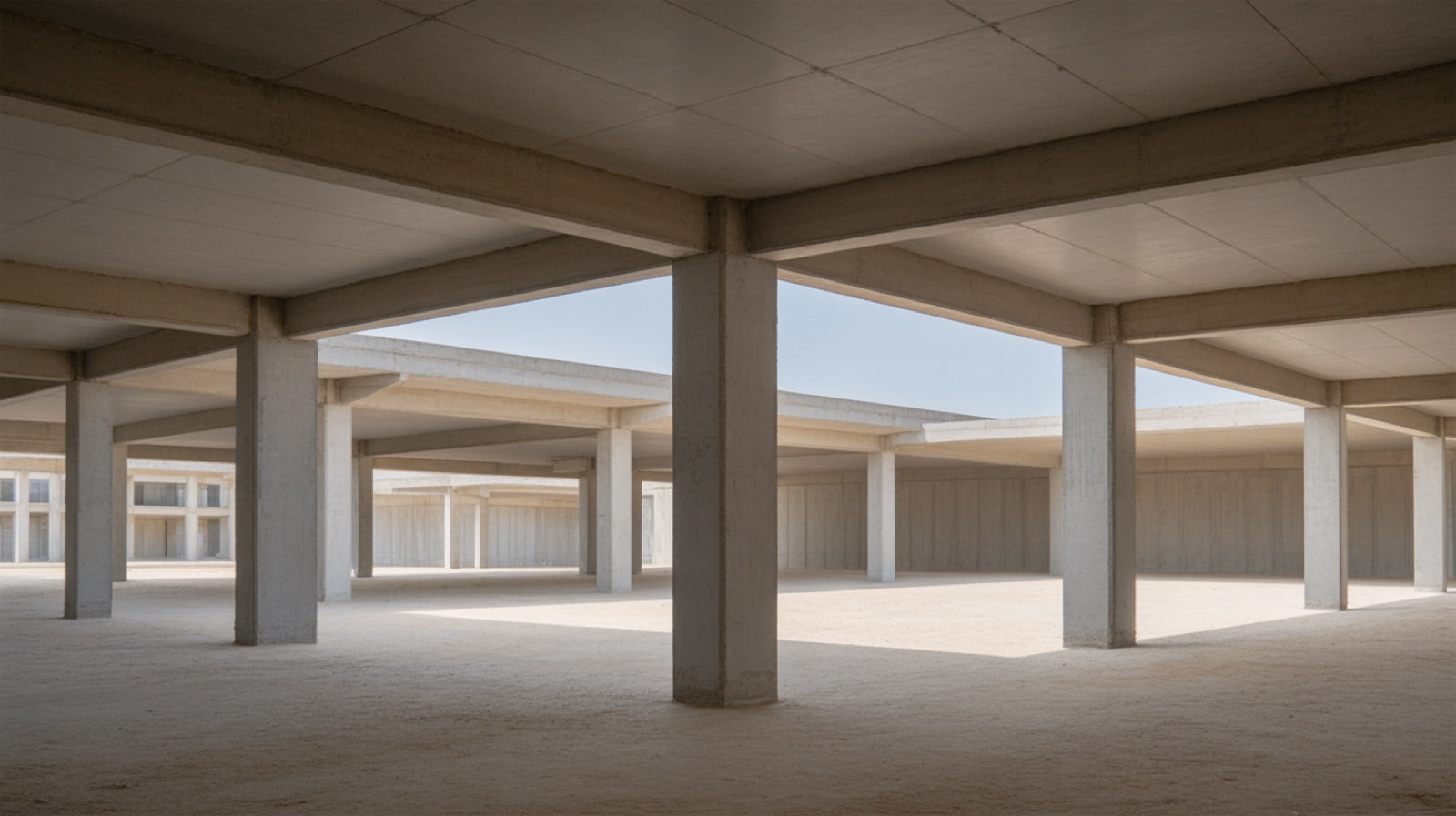 Exposed reinforced concrete column and beam frame of an unfinished building, seen from ground level