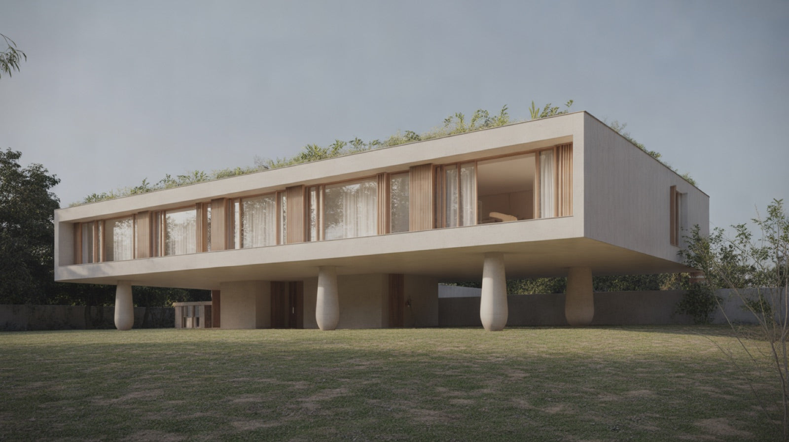 Le Corbusier's Five Points of Architecture: a white modernist villa raised on slender round columns above a lawn, with a long horizontal ribbon window wrapping the upper floor and planting visible on the flat roof