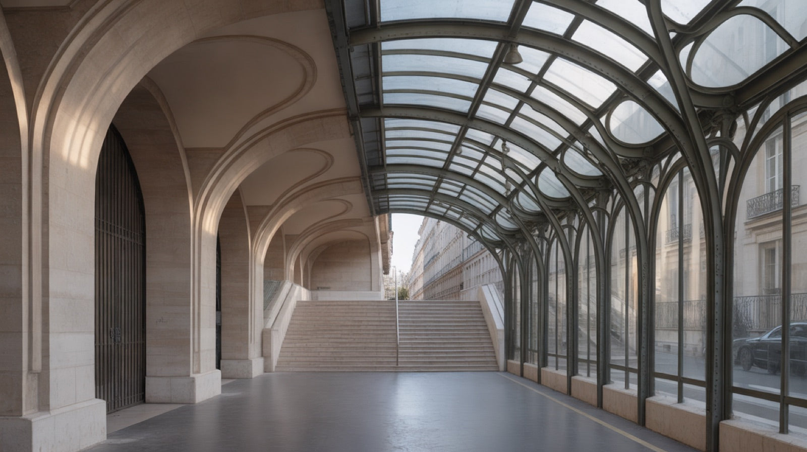 Art Nouveau vs Art Deco: a curving wrought iron and glass entrance canopy with organic plant-like forms over a Parisian metro stairway