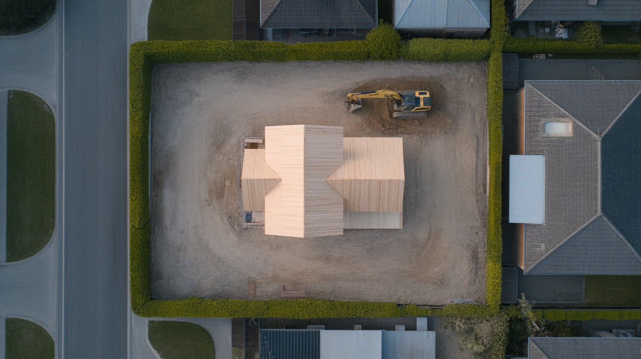 Aerial view of an empty building plot showing boundaries, setbacks and road access