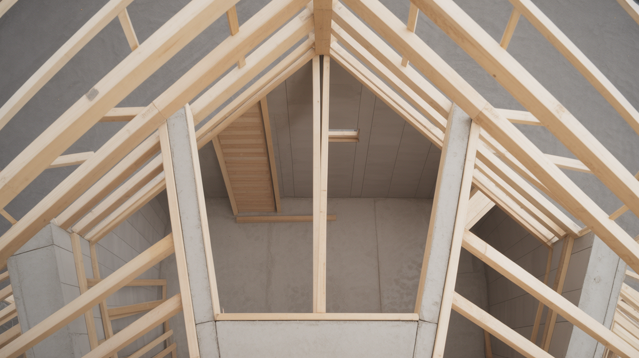 A house under construction seen from directly above with the roof off, the room layout and wall lines fully visible