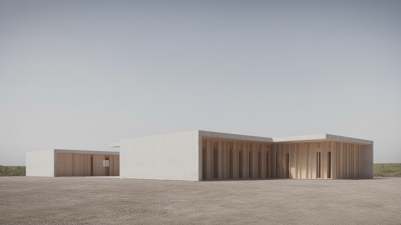 A simple white volume building on an open site, form settled but details not yet resolved, plain sky