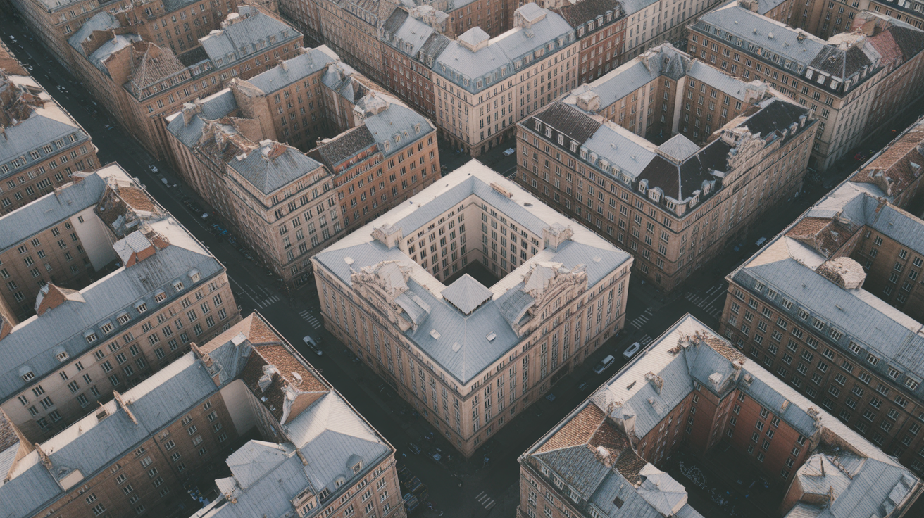 Aerial view straight down over a dense historic European city centre, tight blocks and narrow streets, low sun