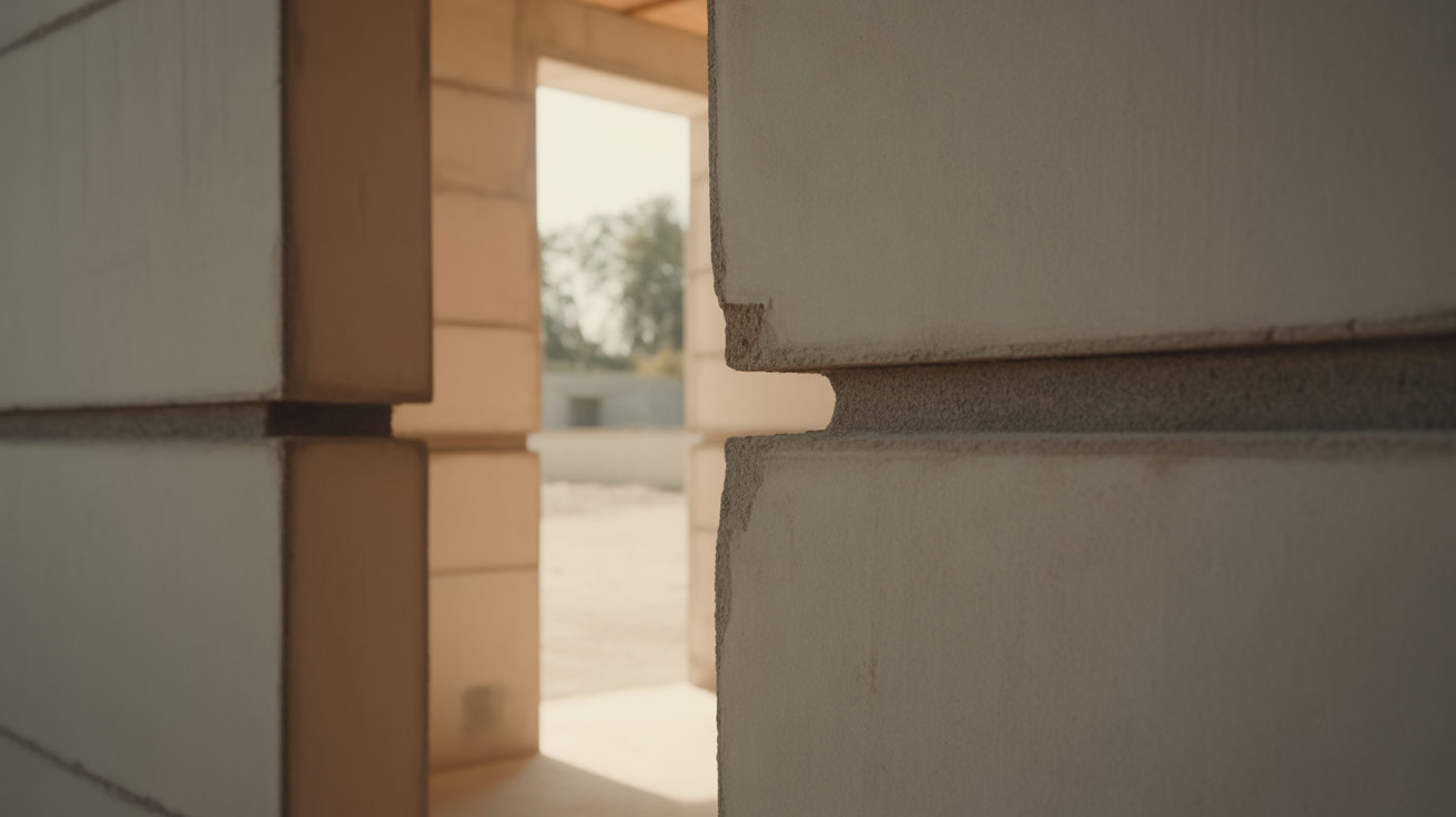 Close up of a very thick masonry wall cut through at a doorway, the depth of the wall clearly visible, daylight beyond