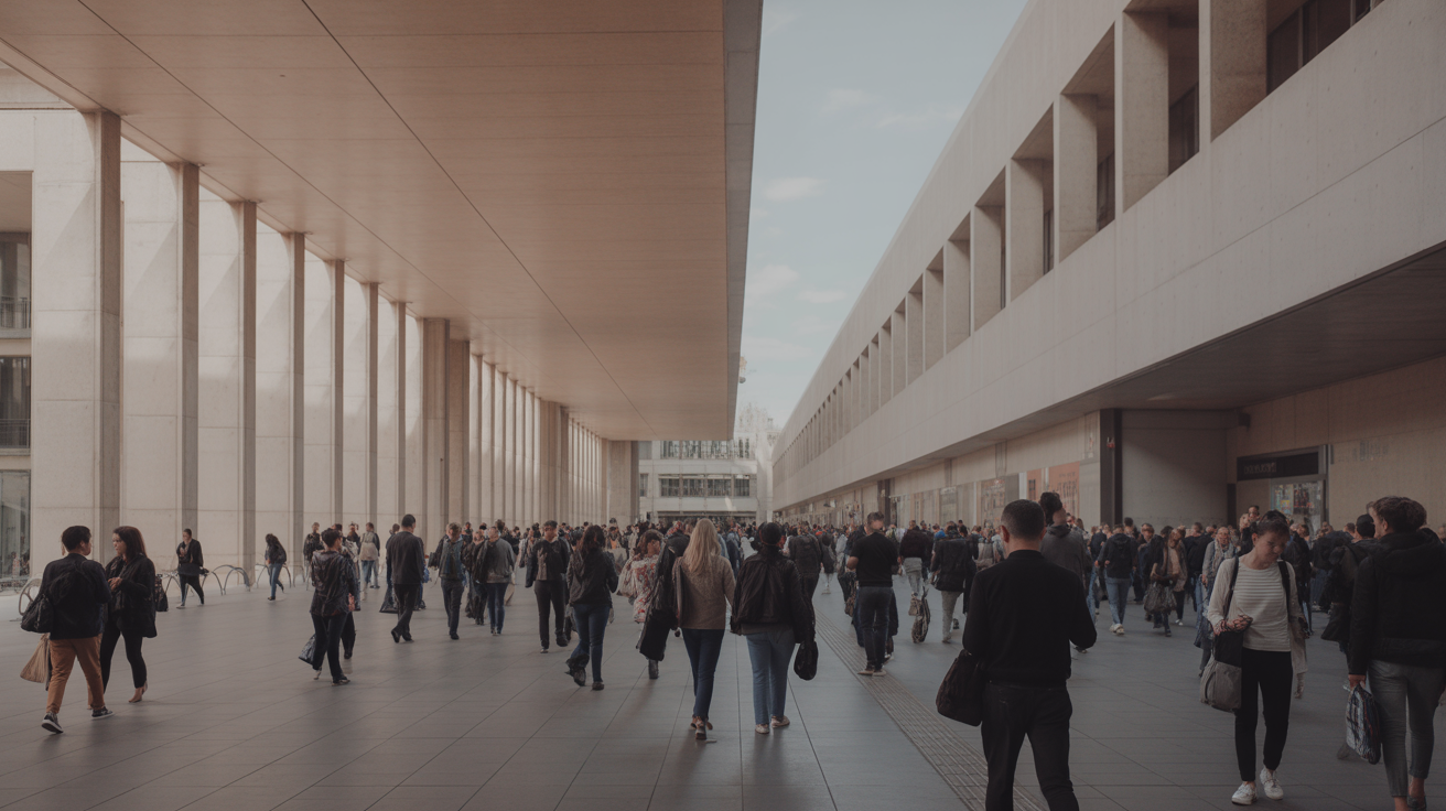 A crowded public concourse with many people moving through it, wide daylit space, plain surfaces