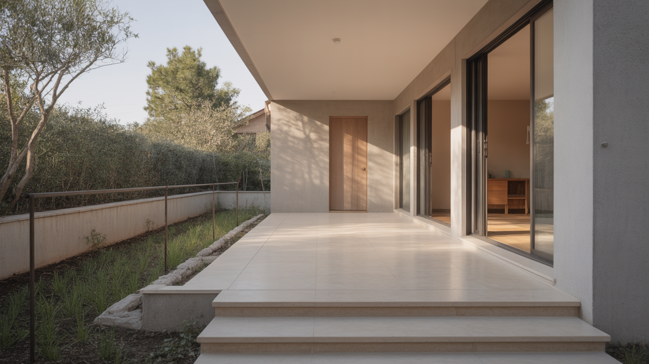 A bright single storey home entrance with a gently sloping level threshold path instead of steps, wide door opening, handrail along a low garden wall, mature planting, afternoon li
