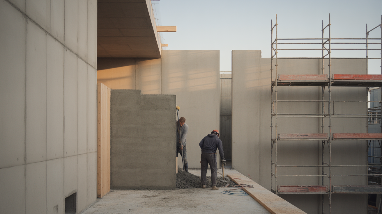 A construction site where a partly built concrete wall is being altered, workers with tools at the changed section, scaffolding around