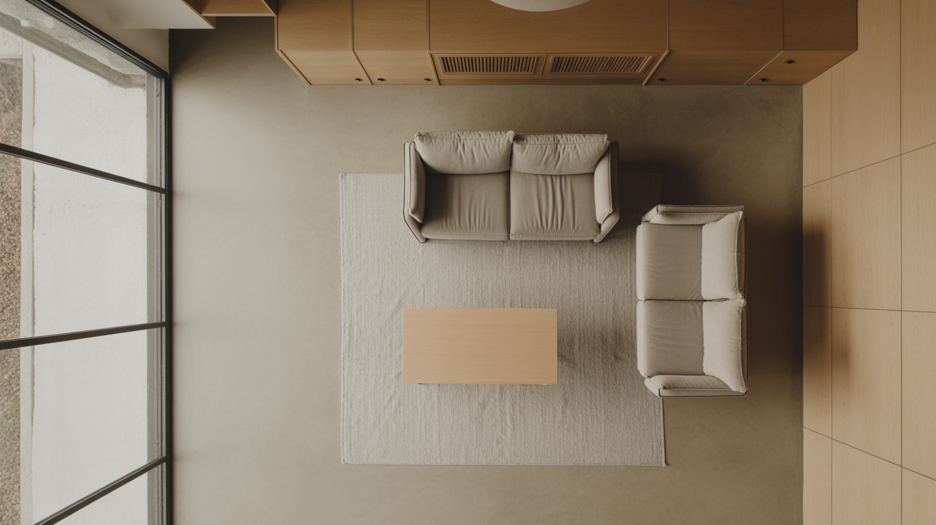 A furnished open plan living room seen from directly above, sofa, table and rug laid out with clear circulation space around them
