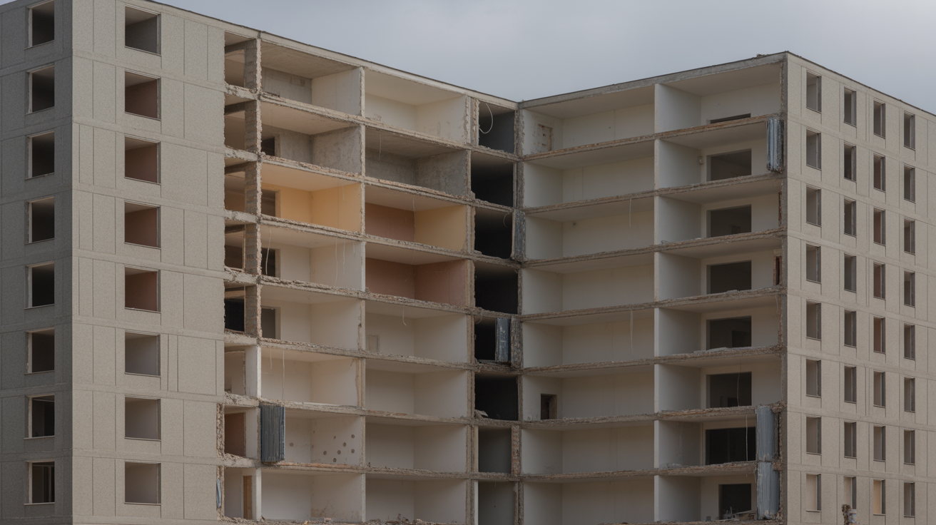 A building under demolition where one wall has been removed and the rooms inside are exposed like a cut through the building