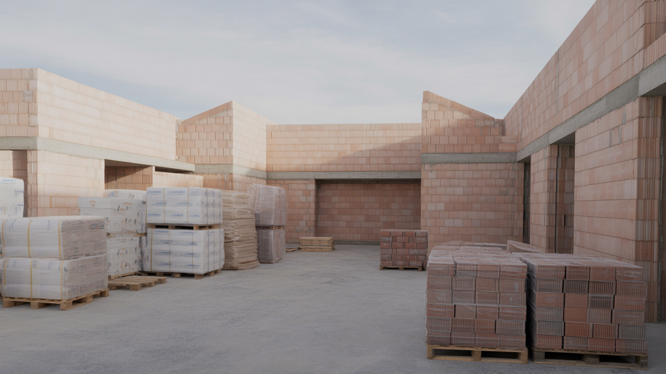 A construction site materials laydown area with pallets of bricks, insulation rolls and timber stacked in separate zones, overcast light