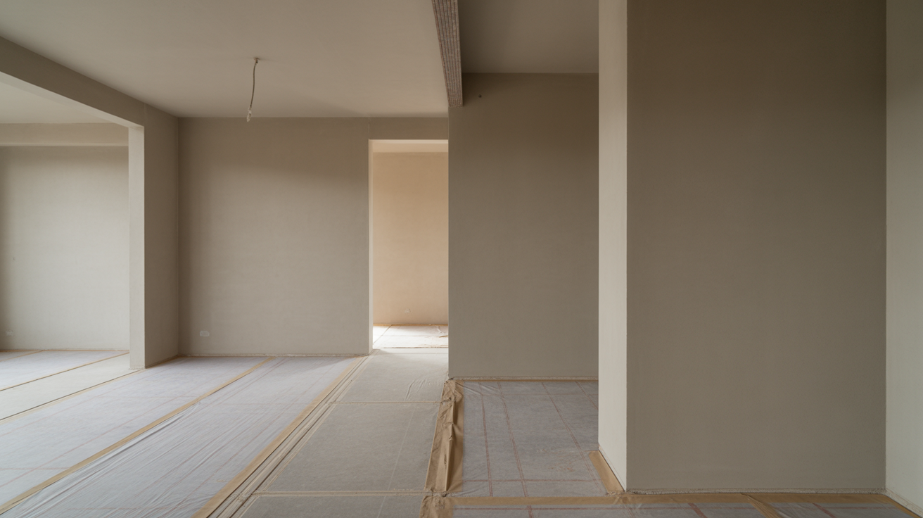 A newly finished apartment interior with protective sheeting still on part of the floor, a small area of unfinished skirting