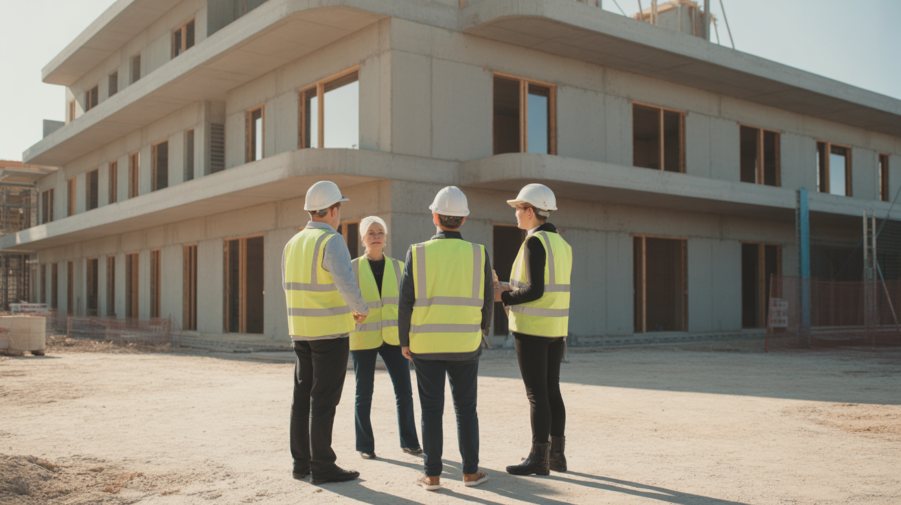 A site progress meeting outdoors, four people in hi vis vests standing in a circle on a construction site, building behind
