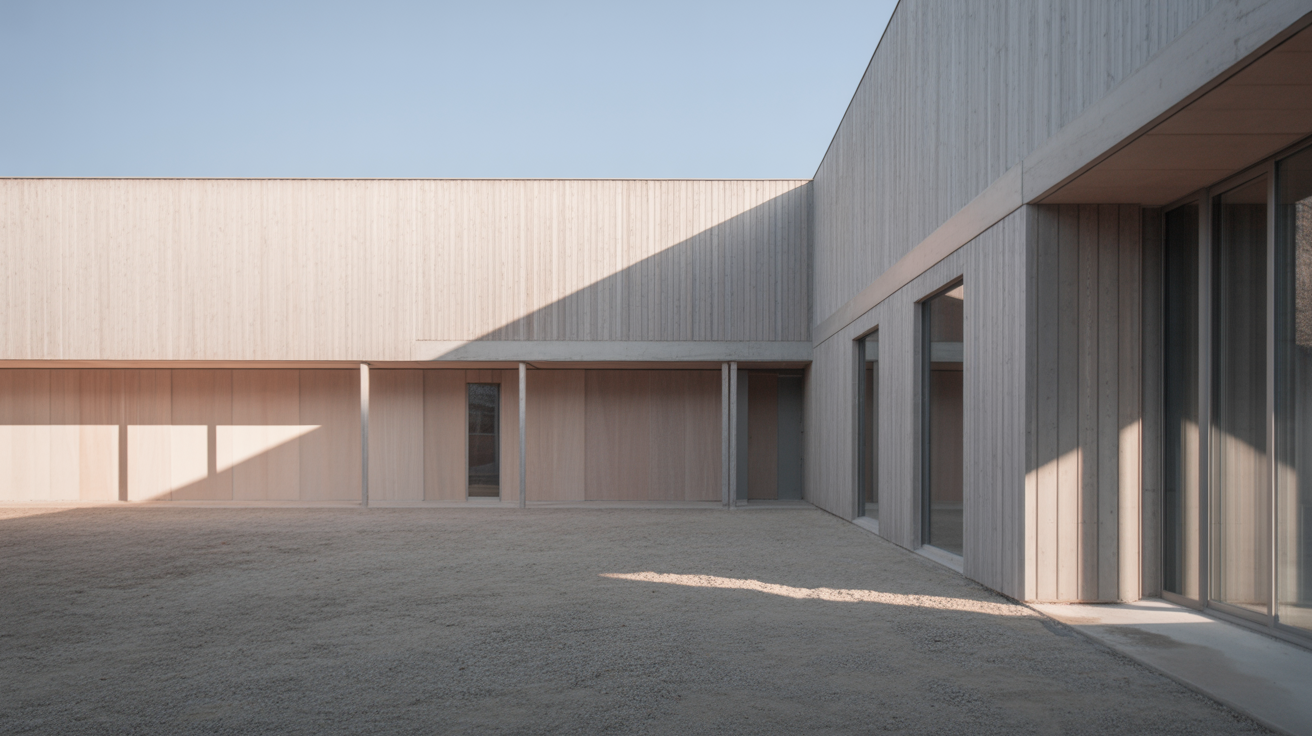 Low winter sun raking across a plain building facade, long shadows stretching across the ground