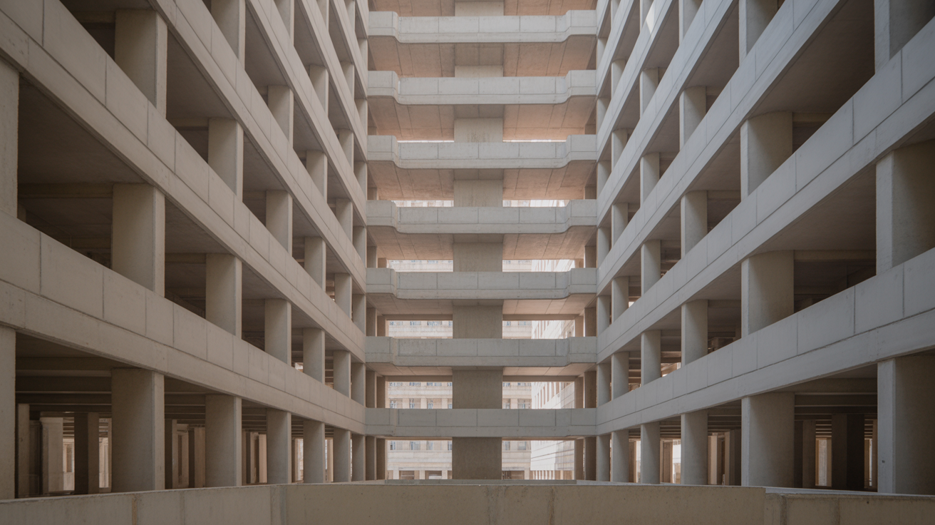 Looking straight up from the ground floor through the open void of a tall building, floors receding upward