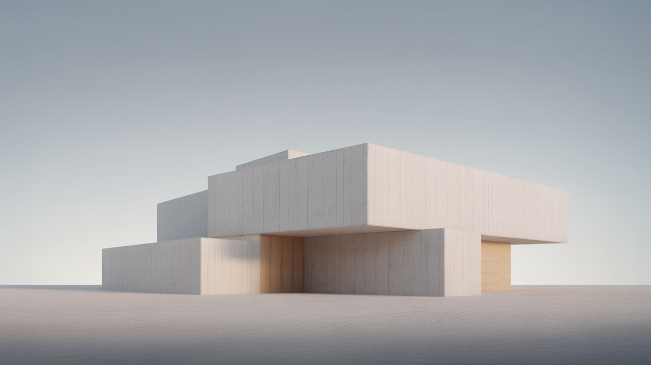 A simple white concrete building whose form is made of three shifted stacked volumes, seen against a plain sky, the idea readable at a glance