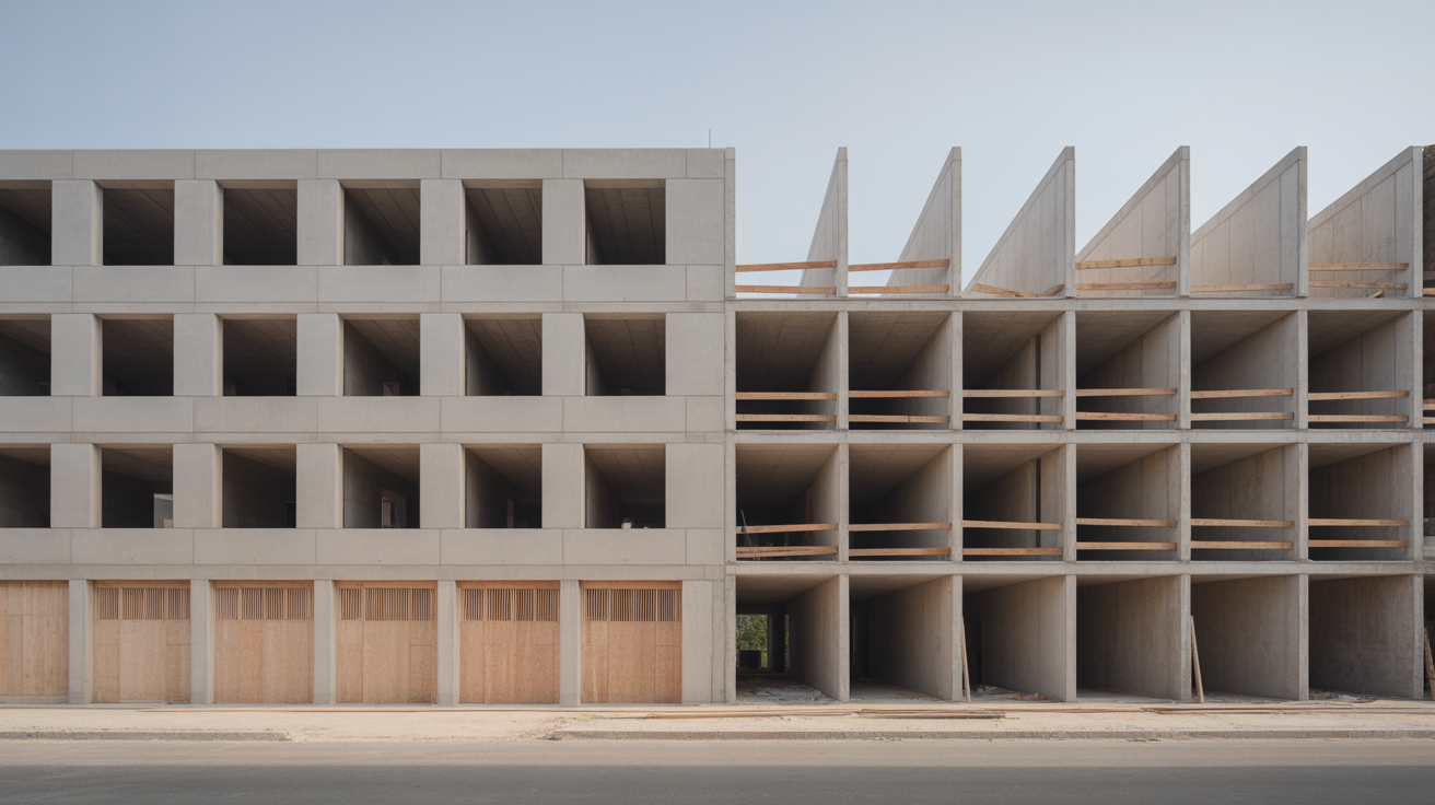 A construction site seen from the street with a completed half and a still skeletal half of the same building, clear contrast