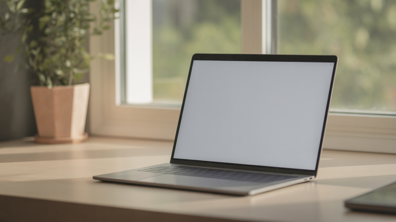 A laptop open on a plain desk by a window with a blank bright screen, plant beside it, calm morning light