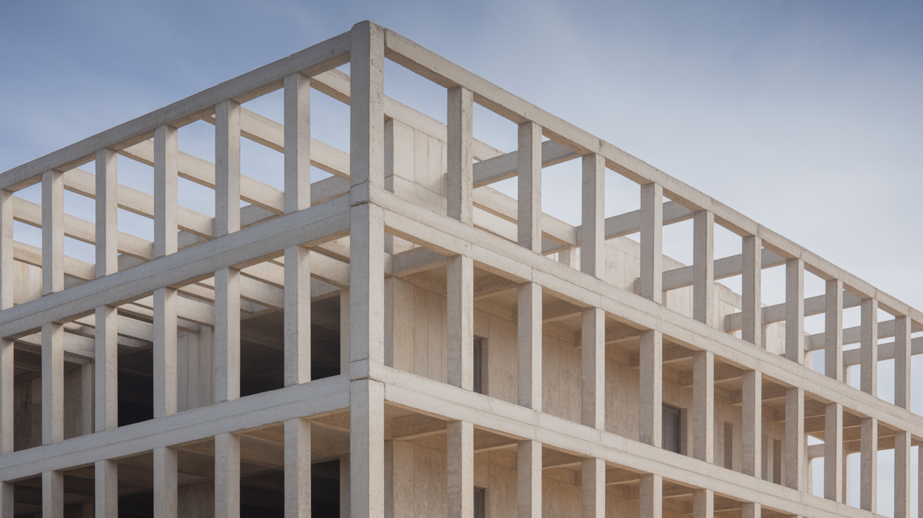 A raw reinforced concrete frame building with no cladding, columns, beams and slabs all clearly visible, blue sky