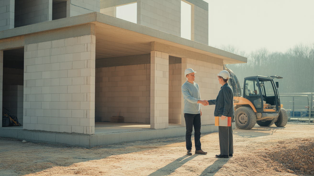 Two people in work clothes shaking hands on a construction site at the start of a job, a partly built structure and a parked site vehicle behind them, morning light