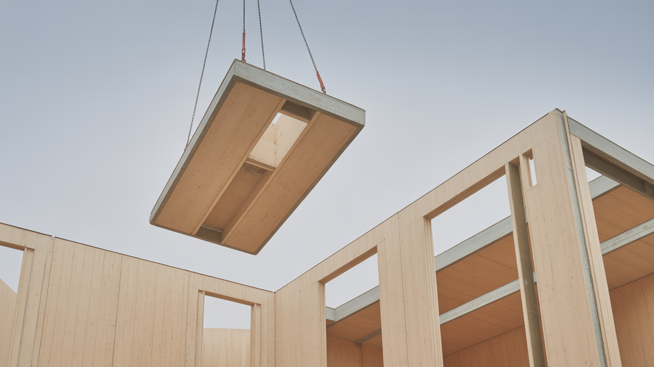 A prefabricated building under assembly by crane, one panel hanging in the air just above its place in the structure