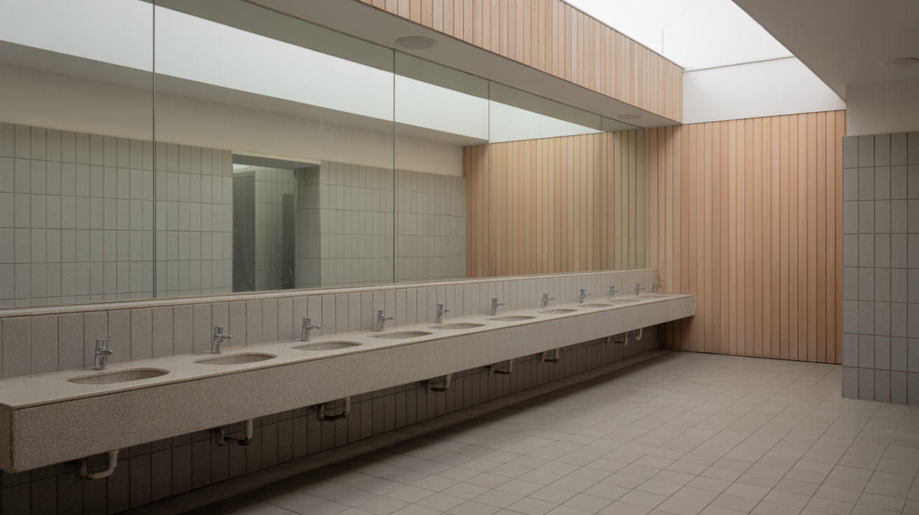 A clean modern public washroom with a row of basins and a mirror wall, plain tiles, even daylight