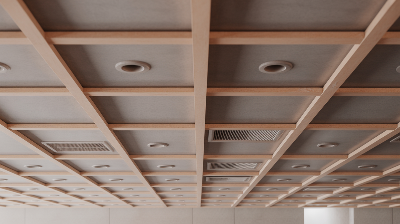 Looking straight up at a suspended ceiling grid with recessed light fittings and air diffusers arranged in it, plain and orderly