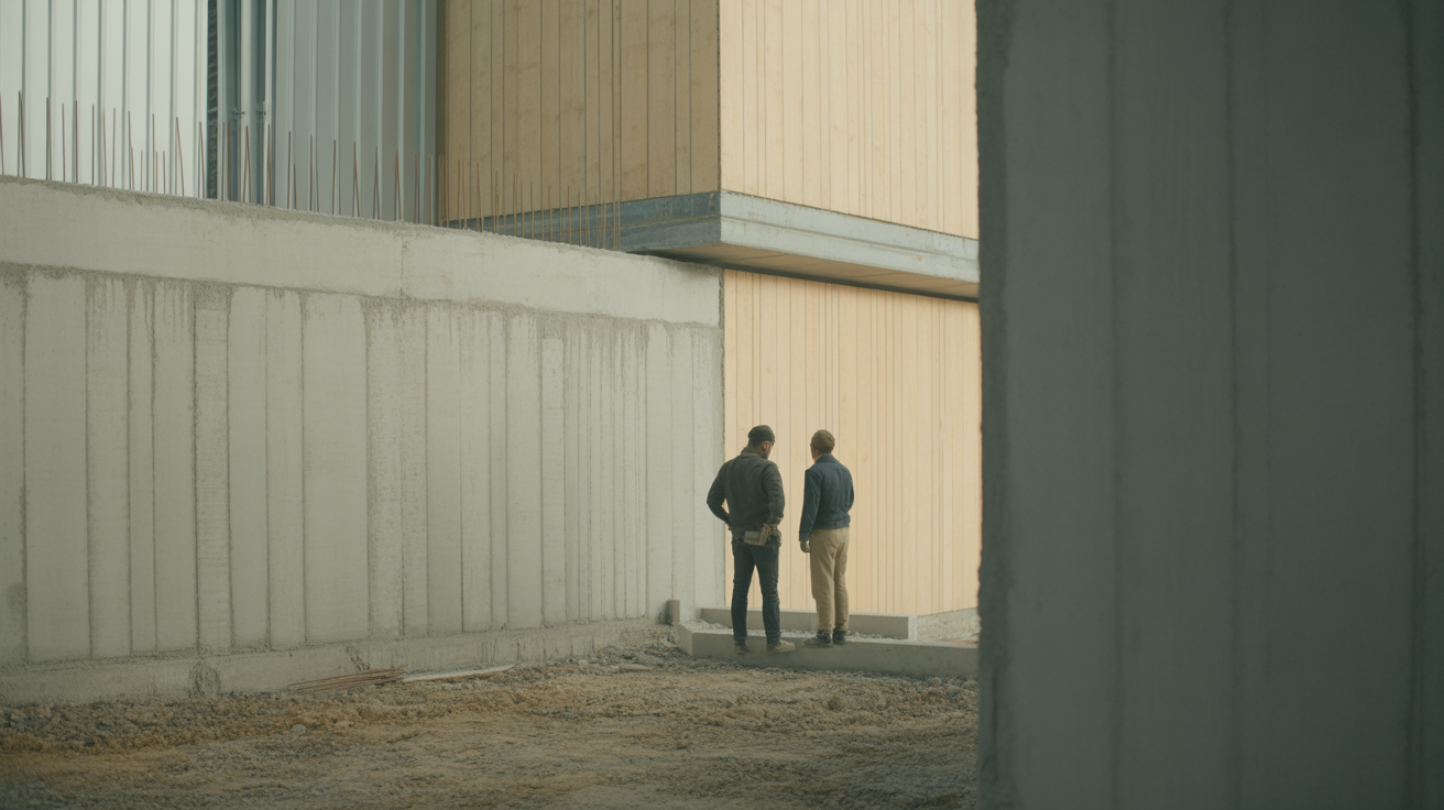 Two workers on a construction site standing at an unfinished junction between concrete and steel, looking at the detail together