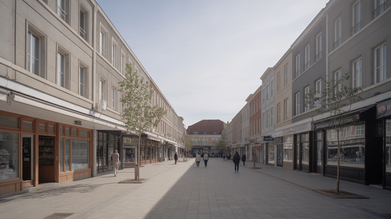A walkable town street with continuous building frontages, shopfronts at ground level, wide pavements and street trees, people walking