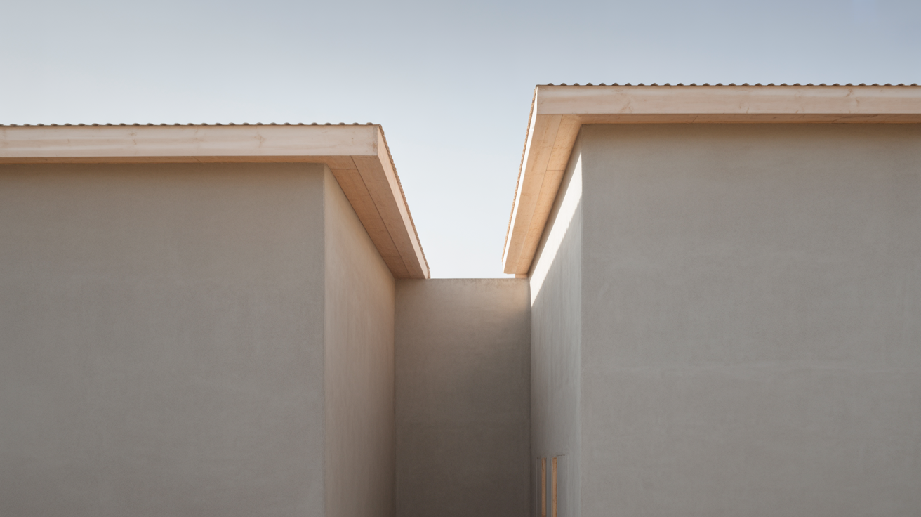 Two buildings standing close together with a narrow gap between them, one wall completely blank with no openings, daylight