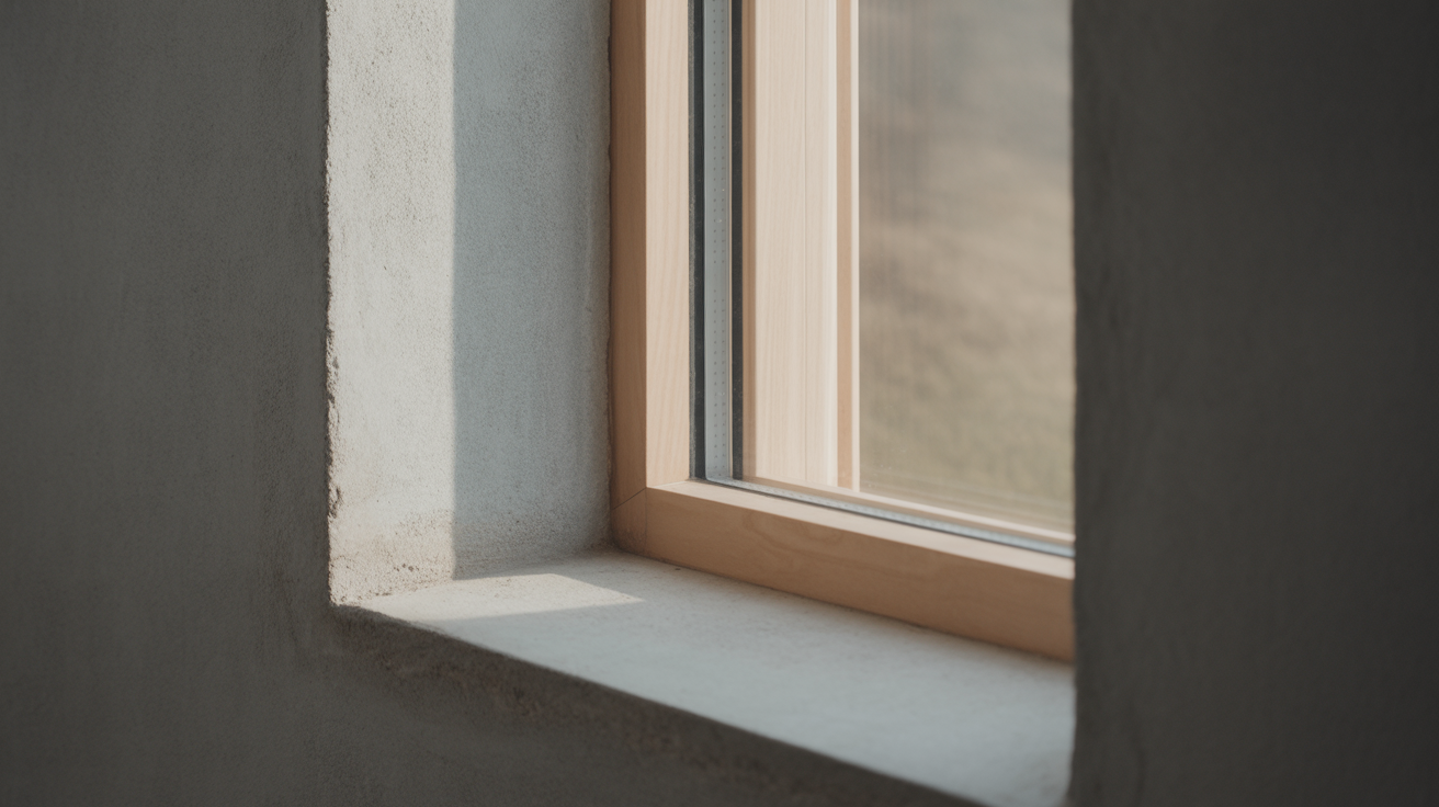 Close up of a window set into a thick wall showing the frame, the reveal depth and the sill in raking light