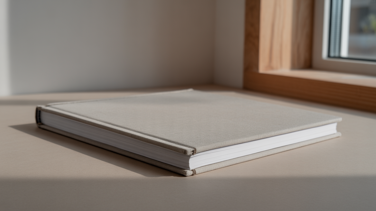 A person holding a closed large format portfolio book with a plain cloth cover, standing in a daylit corridor, cover surface completely plain
