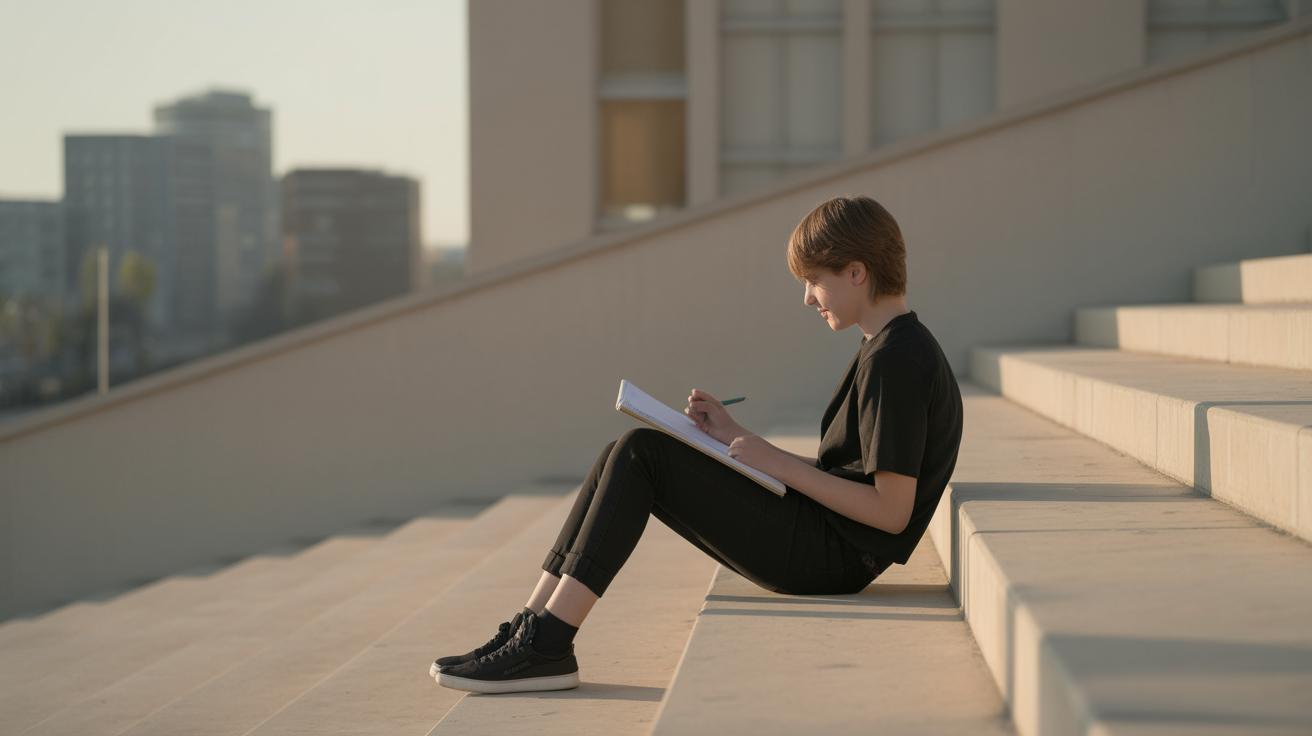 A teenager sketching a building in a notebook while sitting on steps outside, city behind, afternoon light