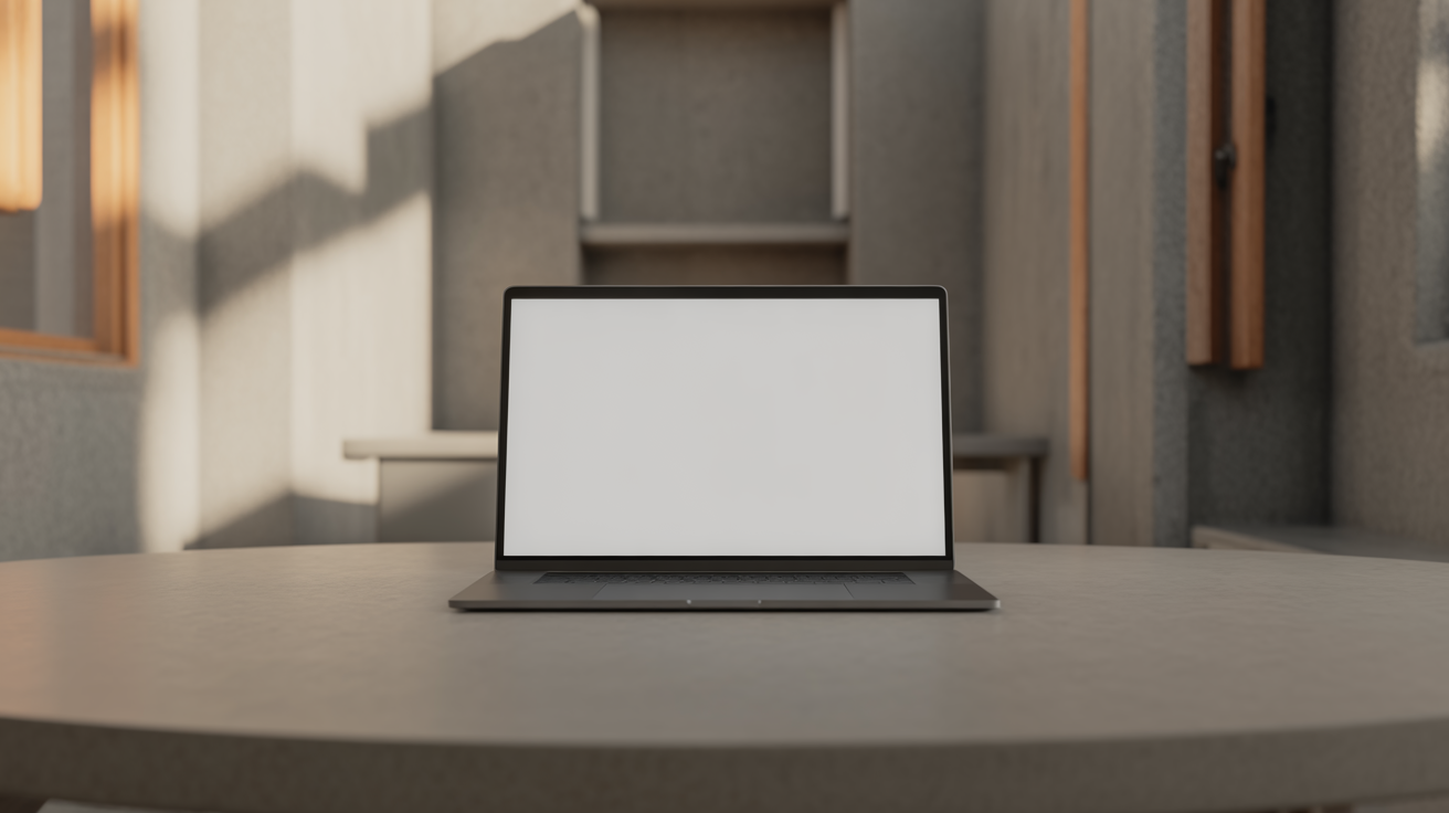 A laptop on a plain table showing a blank white screen, seen from behind at an angle so the screen reads as empty light, daylit room