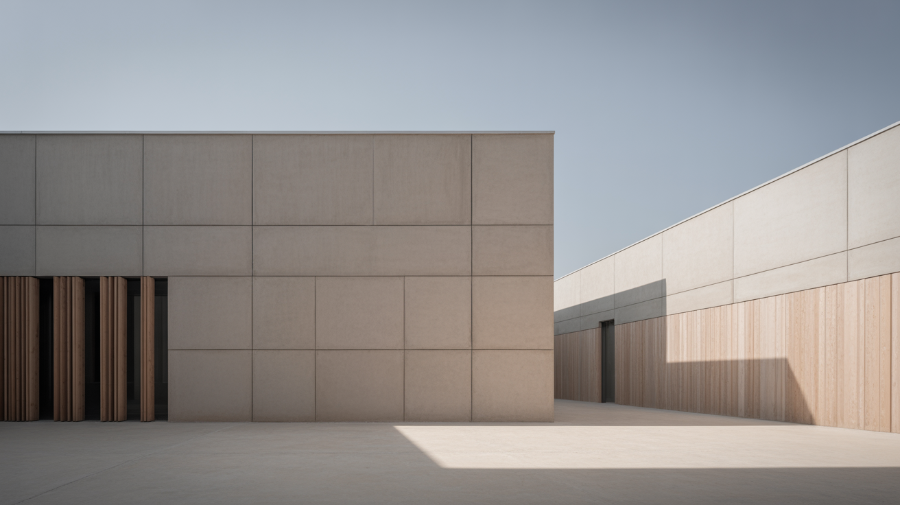 A plain concrete building photographed so its front face reads flat and true while one side runs away at an angle