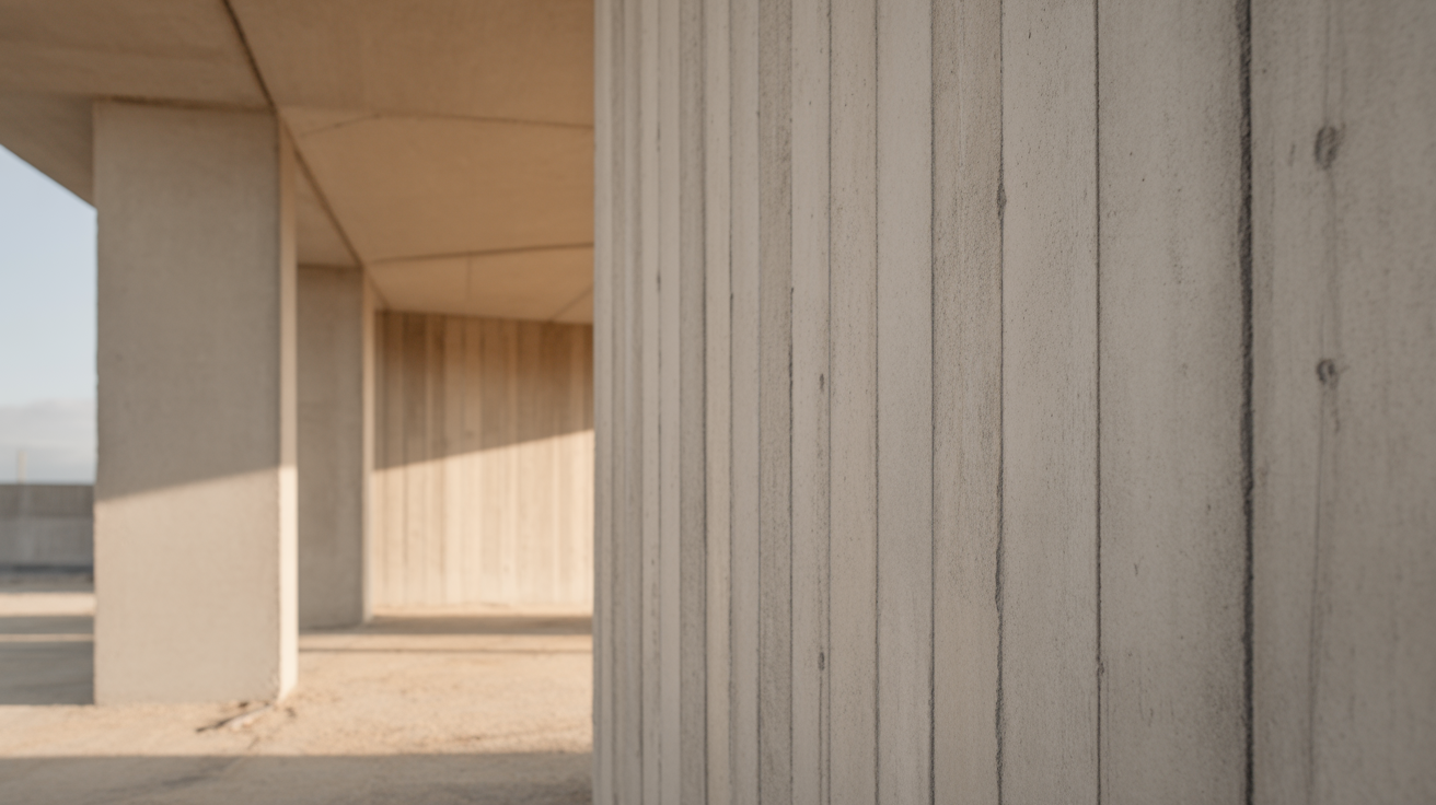 Extreme close up of a board marked concrete wall in raking light, timber grain and form tie holes visible