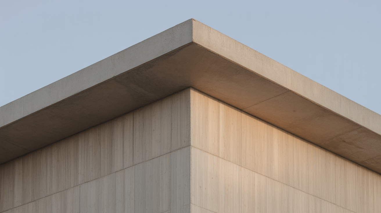 A simple pale concrete pavilion photographed straight on from the front, perfectly flat elevation view, plain sky