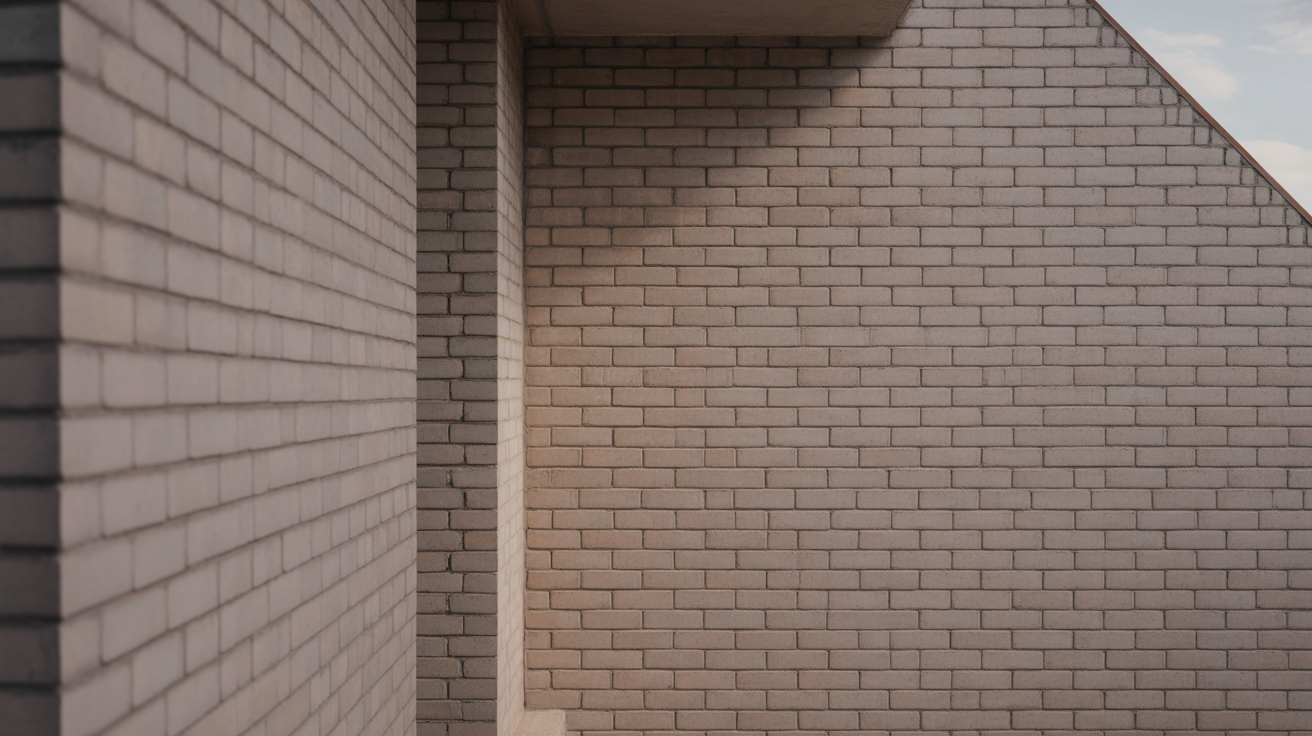Extreme close up of a brick wall in raking light showing the bond pattern and mortar joints clearly, no openings