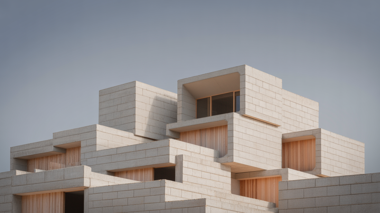 A stepped concrete building whose volume is made of shifted stacked boxes, seen against a plain sky in raking light