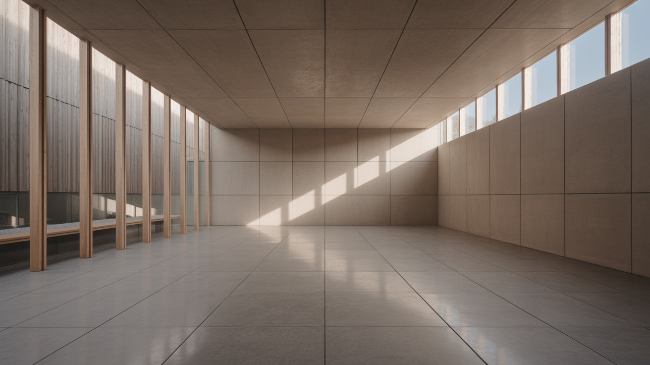 A quiet modern chapel interior with one shaft of daylight falling on a plain wall, the whole idea of the building in one view