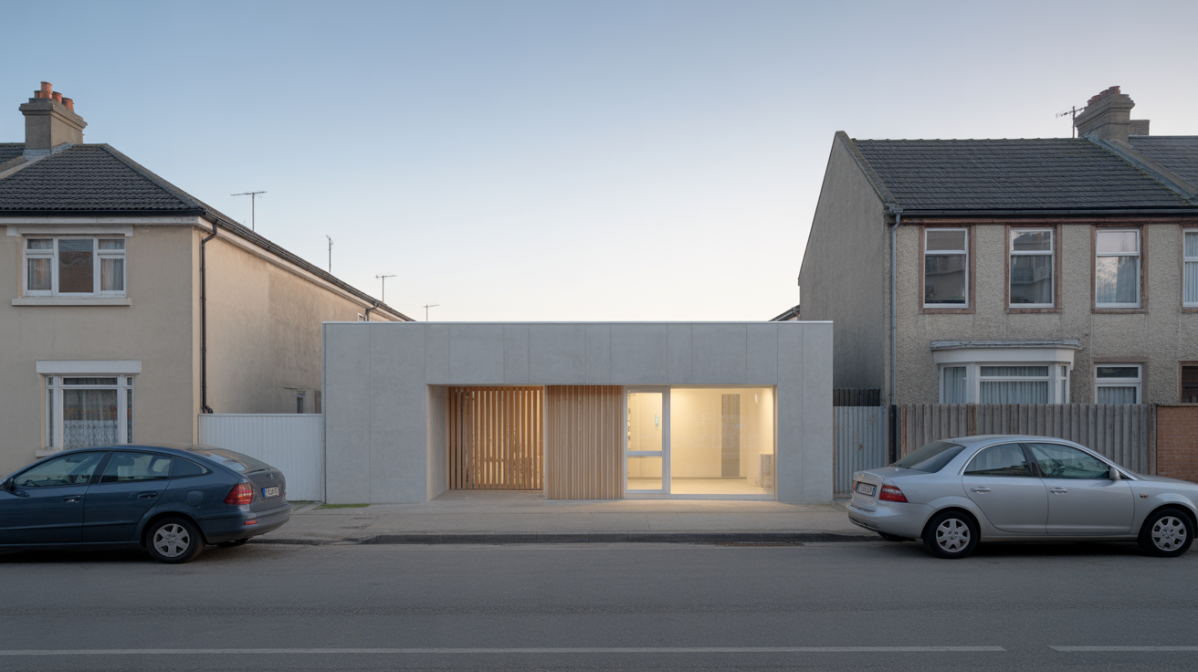 A small neighbourhood clinic building on a residential street, cars parked in front, houses on either side, ordinary afternoon light