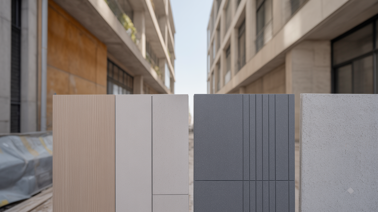 Two facade sample panels of different materials mounted side by side on a site hoarding for comparison, daylight