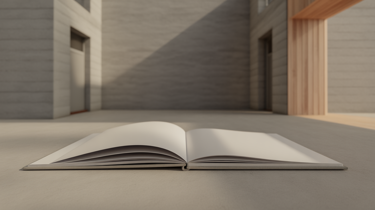 A large format portfolio book lying open at a spread of blank pages on a plain surface, even daylight, no printing on the pages