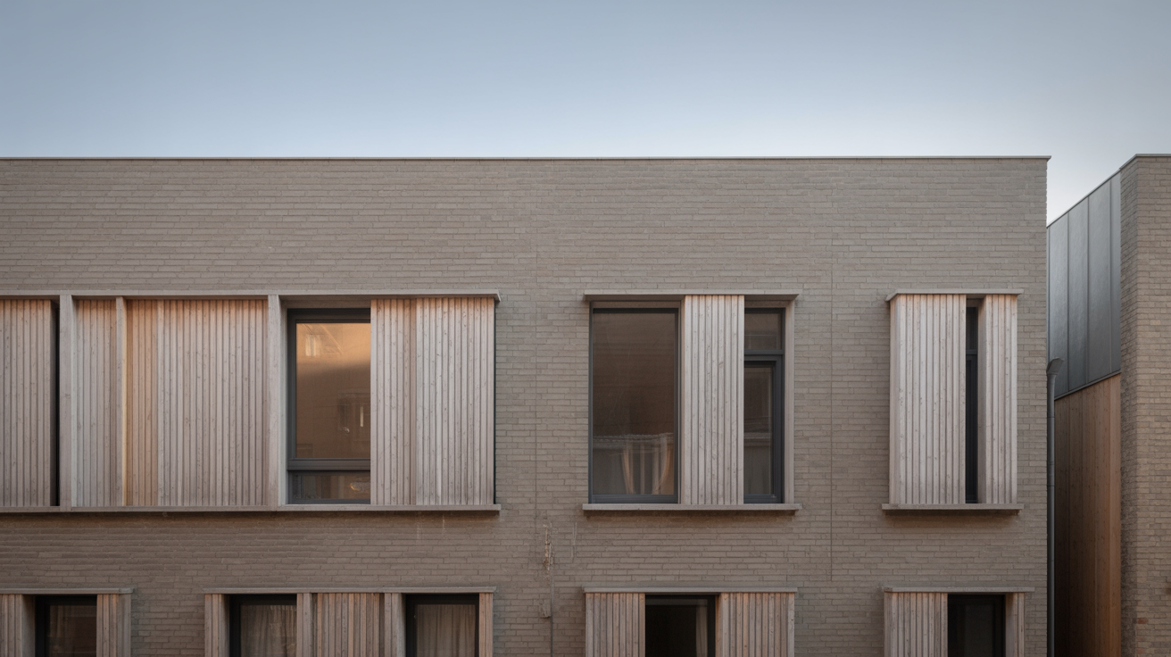 A plain building facade photographed dead straight on, perfectly flat and square to the camera, even overcast light