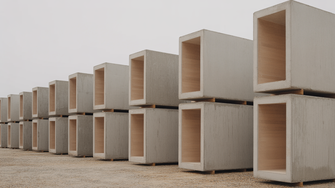 A row of identical prefabricated concrete elements stacked in a yard, each one exactly the same, overcast light
