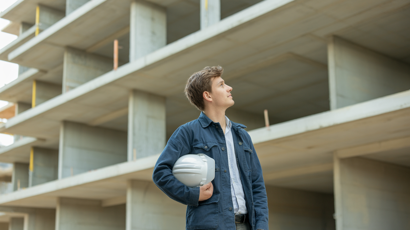 A young architect in work clothes on a construction site looking up at a building under construction, hard hat under arm