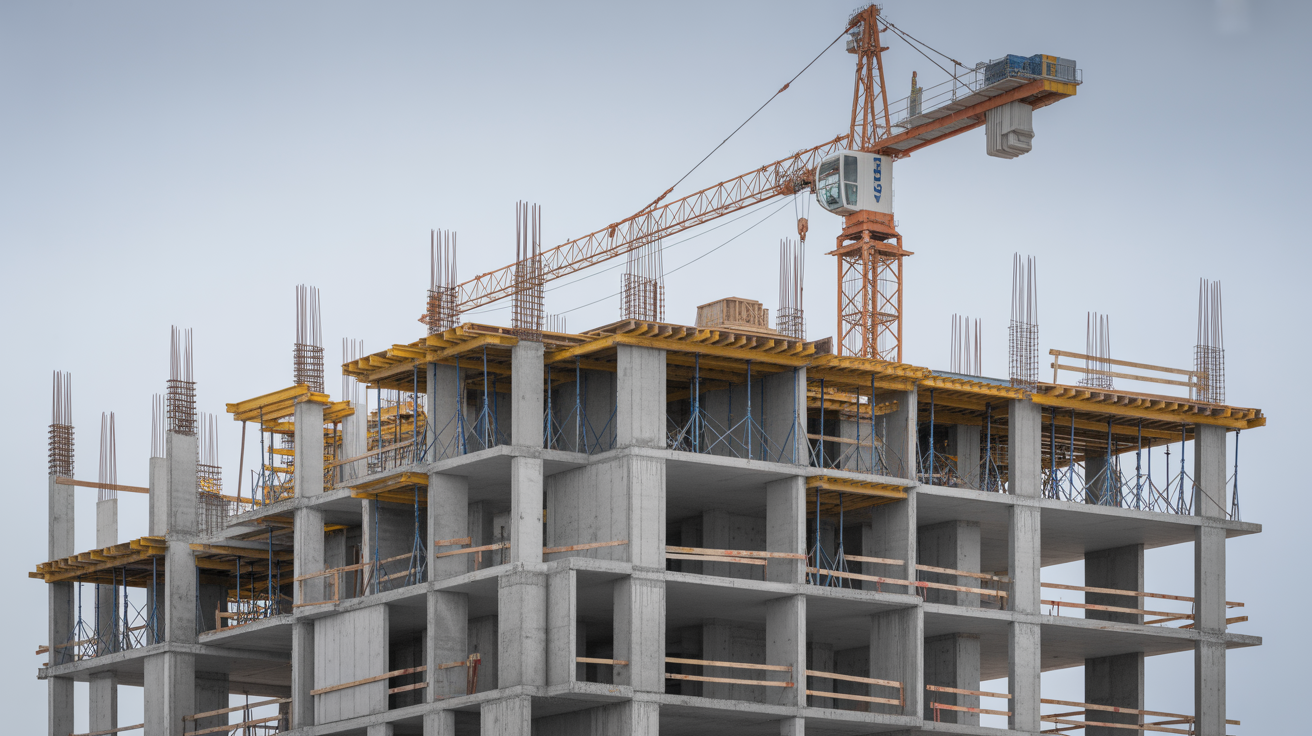 A large construction site mid way through, tower crane over a concrete frame, several trades working at once, clear morning