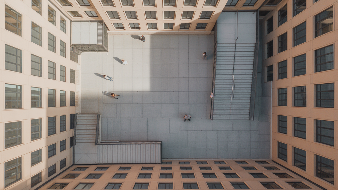 Aerial view looking straight down into a large open air courtyard building with people moving along its walkways and stairs, paths of movement clear
